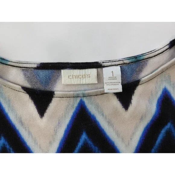 Chicos Blue Black Chevron Zig Zag Stretch Knit Top Size 1 Med Boat Neck - Picture 8 of 11